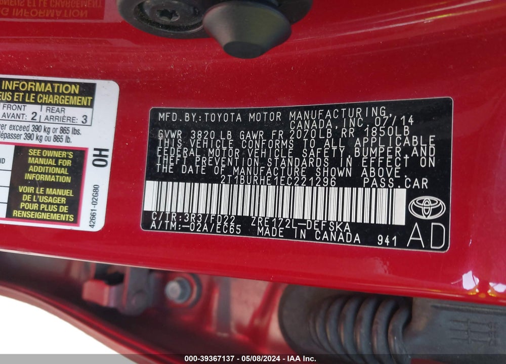 2014 TOYOTA COROLLA S PLUS VIN: 2T1BURHE1EC221296
