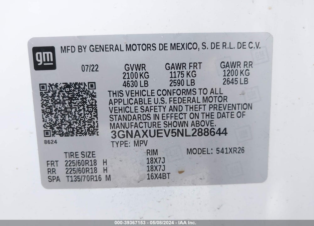 2022 CHEVROLET EQUINOX AWD LT VIN: 3GNAXUEV5NL288644