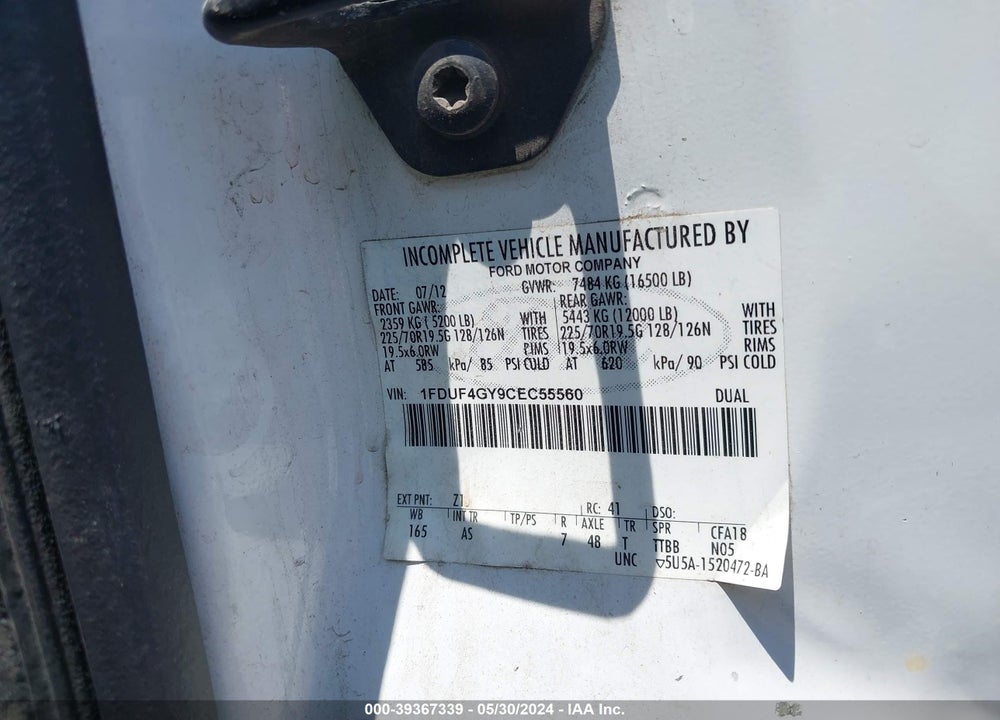 2012 FORD F-450 CHASSIS XL VIN: 1FDUF4GY9CEC55560