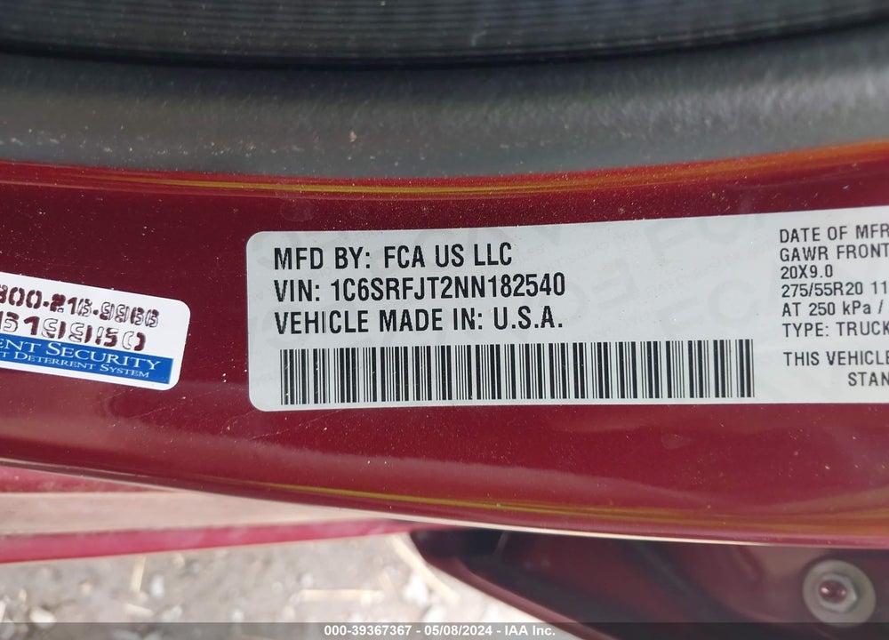 2022 RAM 1500 LAIE  4X4 5'7 BOX VIN: 1C6SRFJT2NN182540