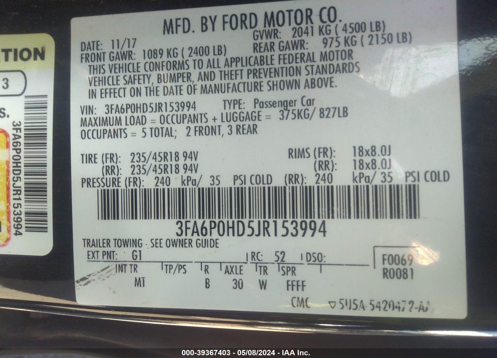 2018 FORD FUSION SE VIN: 3FA6P0HD5JR153994