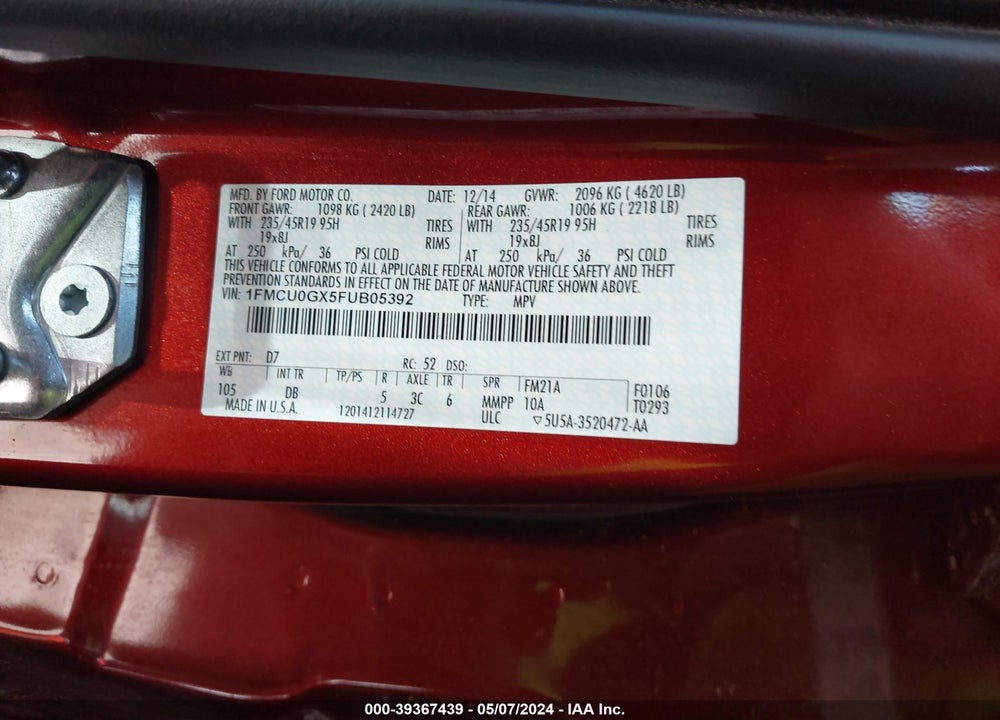 2015 FORD ESCAPE SE VIN: 1FMCU0GX5FUB05392