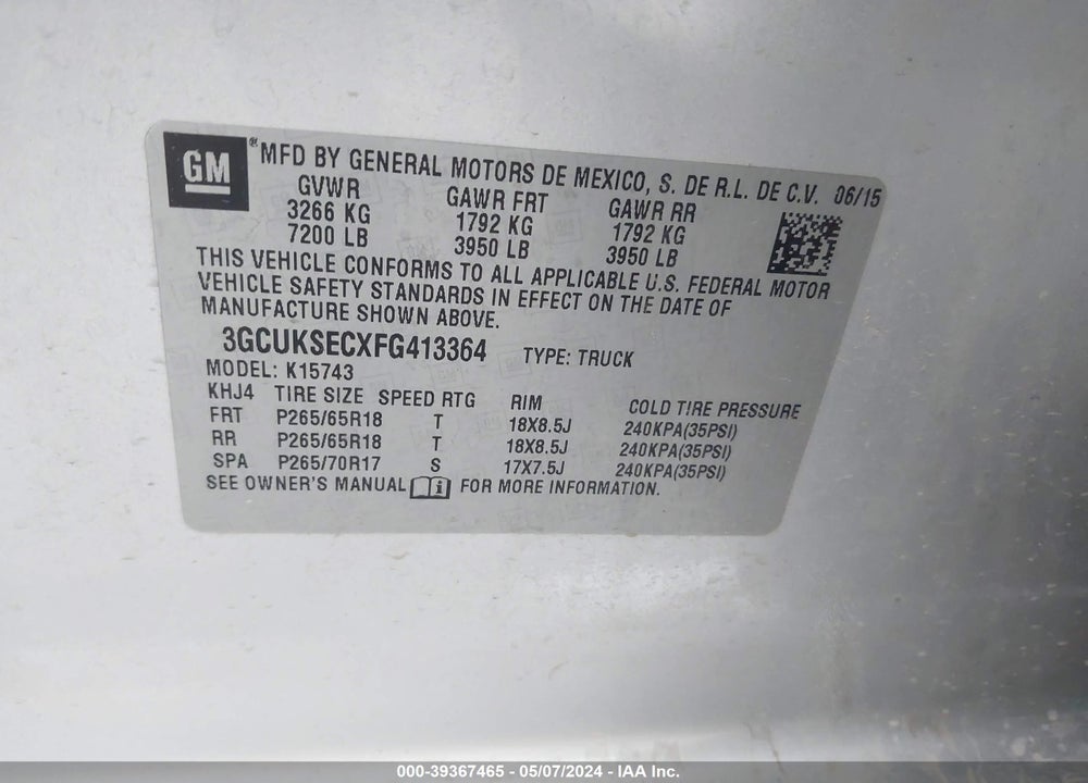 2015 CHEVROLET SILVERADO 1500 2LZ VIN: 3GCUKSECXFG413364