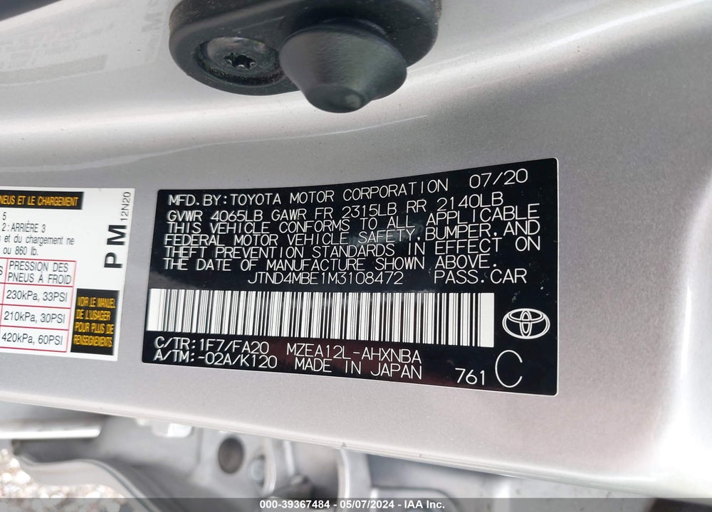 2021 TOYOTA COROLLA SE NIGHTSHADE EDITION VIN: JTND4MBE1M3108472