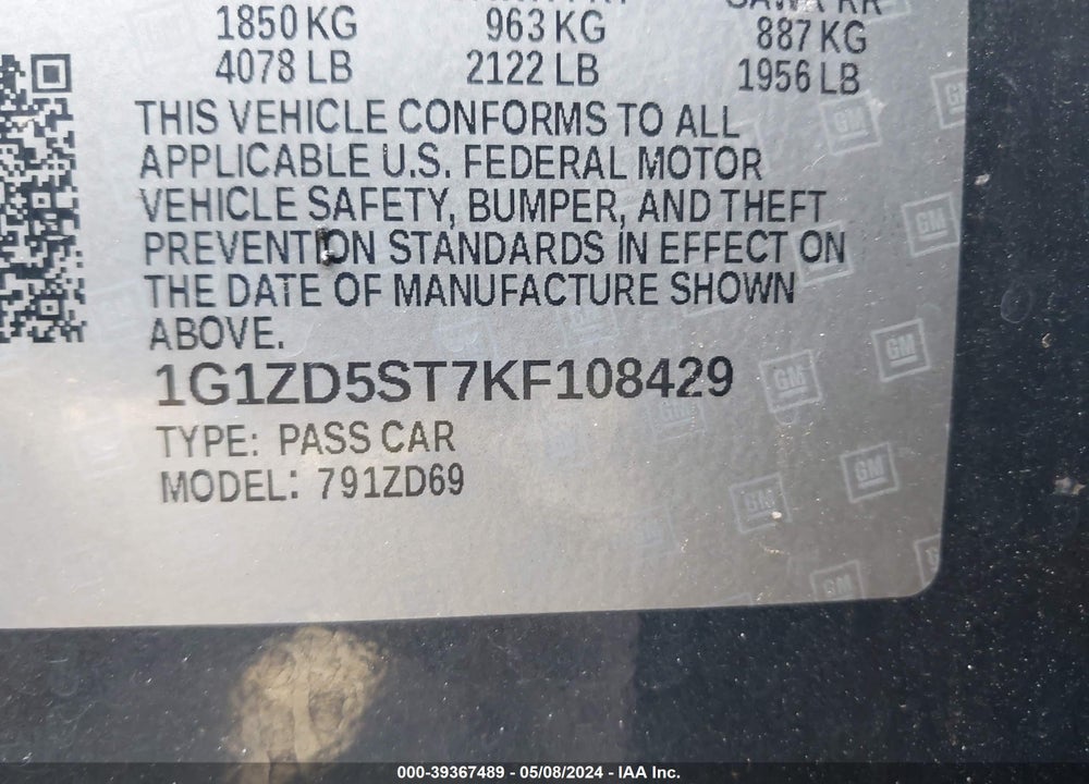 2019 CHEVROLET MALIBU LT VIN: 1G1ZD5ST7KF108429