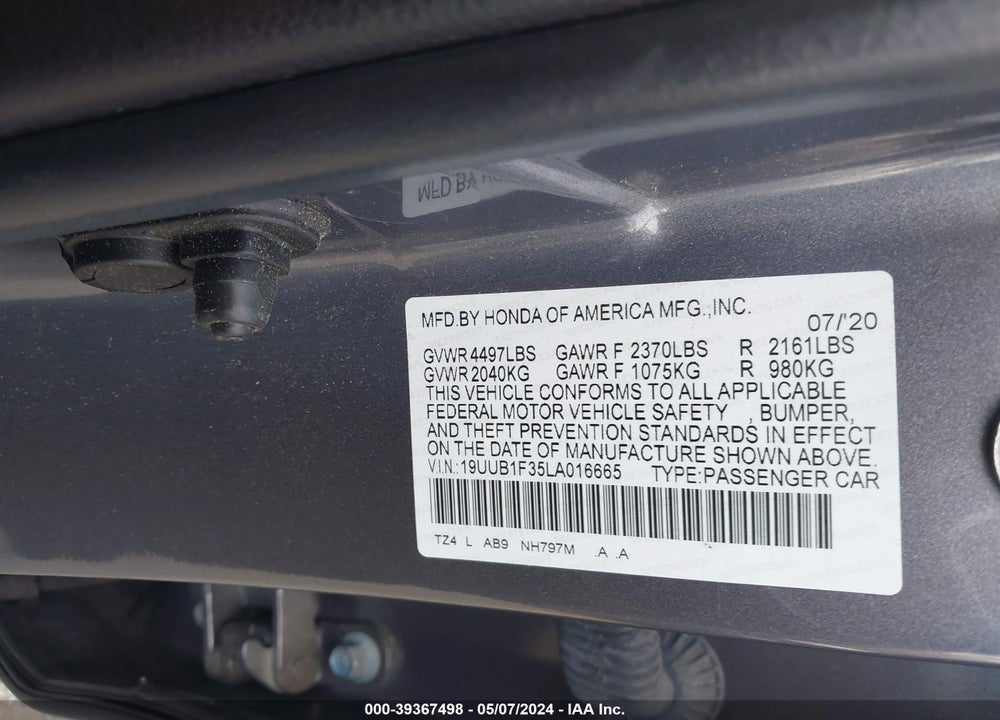2020 ACURA TLX STANDARD VIN: 19UUB1F35LA016665