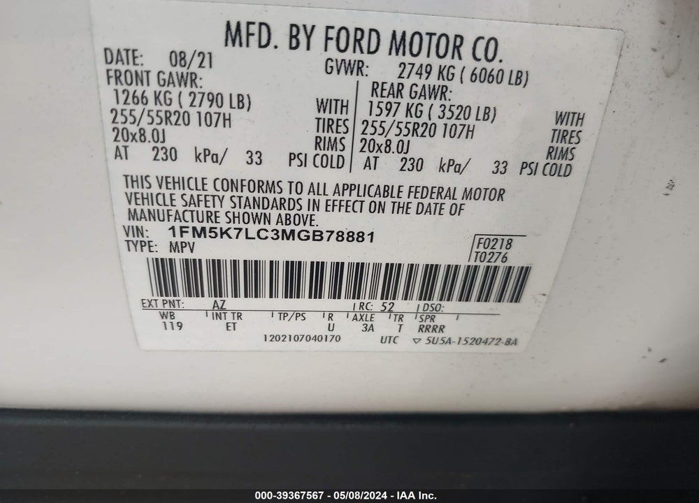 2021 FORD EXPLORER KING RANCH VIN: 1FM5K7LC3MGB78881