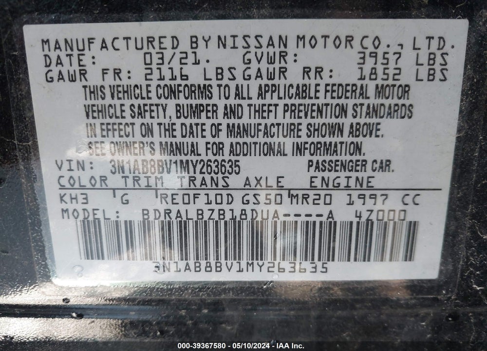 2021 NISSAN SENTRA S XTRONIC CVT VIN: 3N1AB8BV1MY263635