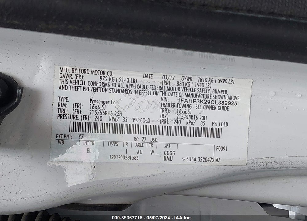 2012 FORD FOCUS SE VIN: 1FAHP3K29CL382925