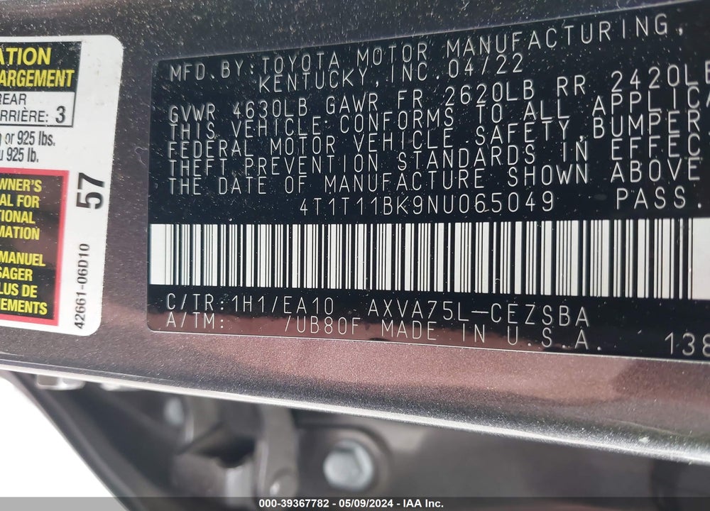 2022 TOYOTA CAMRY SE AWD VIN: 4T1T11BK9NU065049