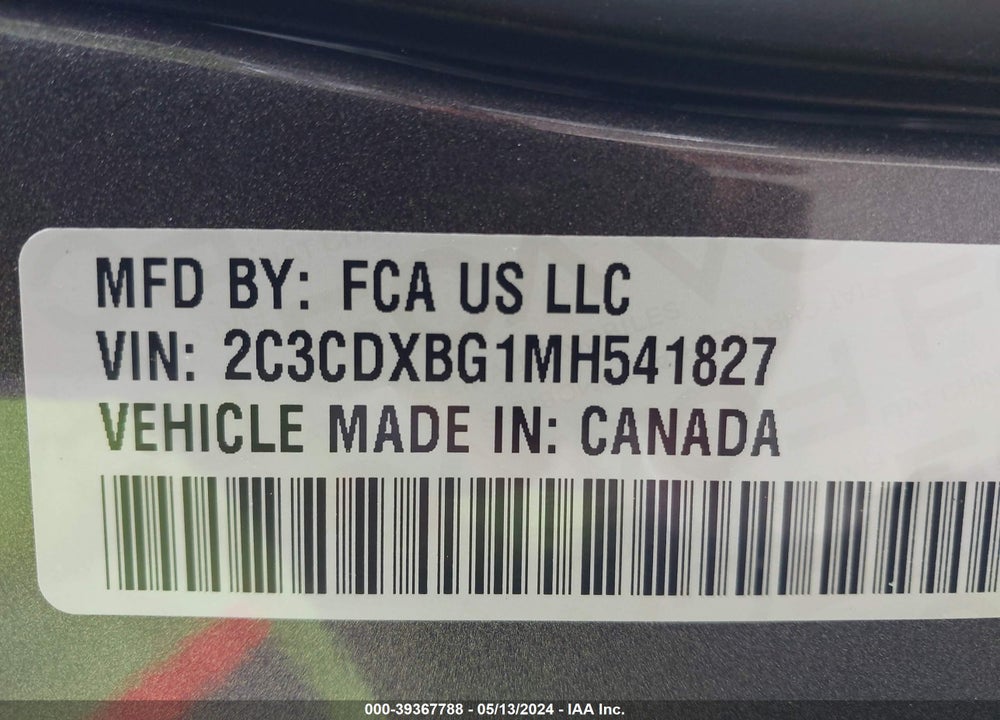 2021 DODGE CHARGER SXT RWD VIN: 2C3CDXBG1MH541827