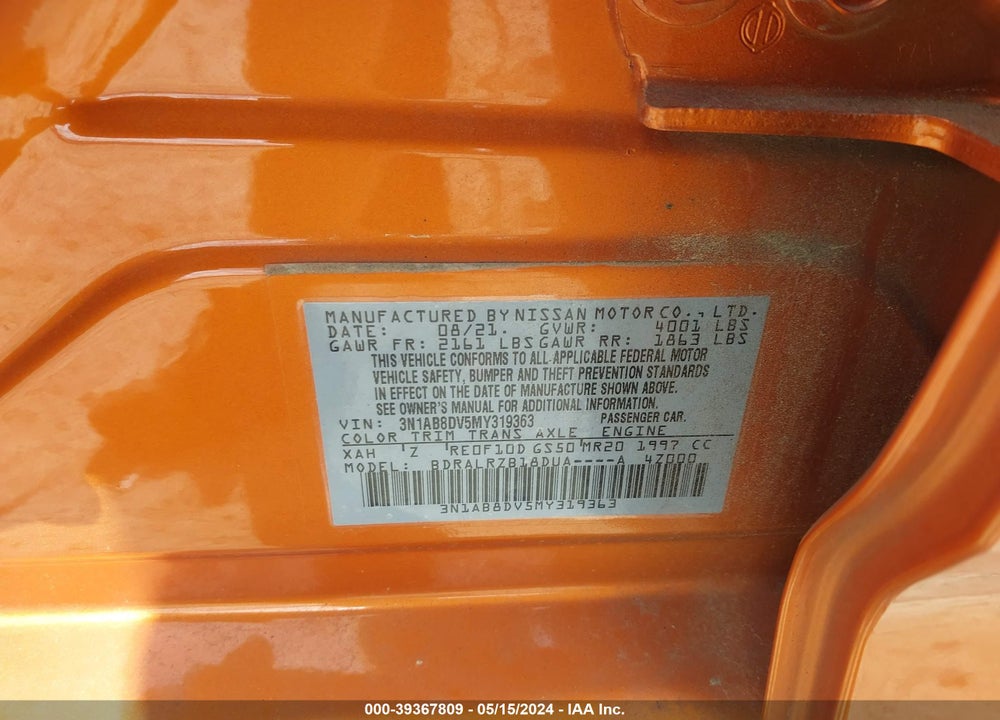 2021 NISSAN SENTRA SR XTRONIC CVT VIN: 3N1AB8DV5MY319363