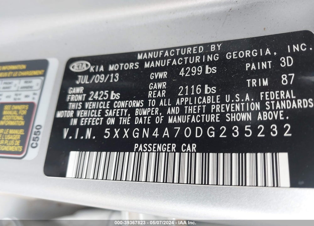 2013 KIA OPTIMA EX VIN: 5XXGN4A70DG235232