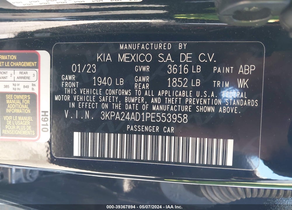 2023 KIA RIO LX VIN: 3KPA24AD1PE553958