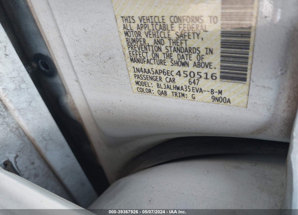 2014 NISSAN MAXIMA 3.5 SV VIN: 1N4AA5AP6EC450516