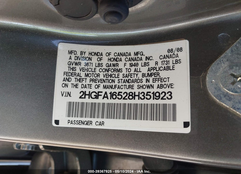 2008 HONDA CIVIC SDN LX VIN: 2HGFA16528H351923