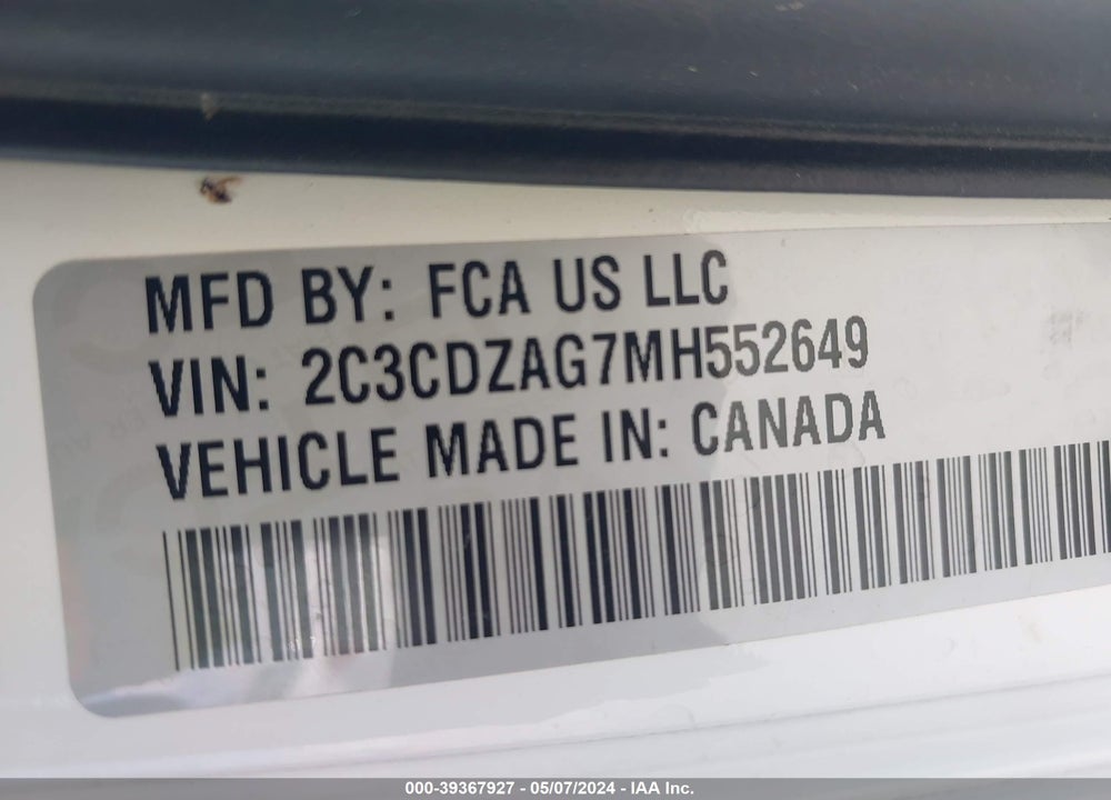 2021 DODGE CHALLENGER SXT VIN: 2C3CDZAG7MH552649