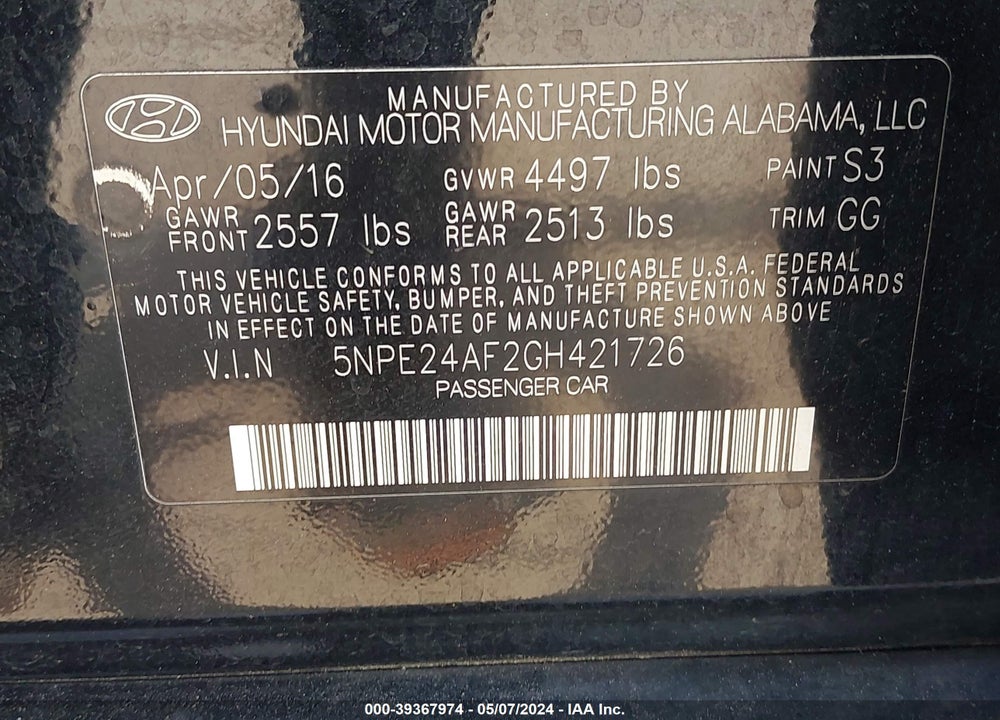 2016 HYUNDAI SONATA SE VIN: 5NPE24AF2GH421726