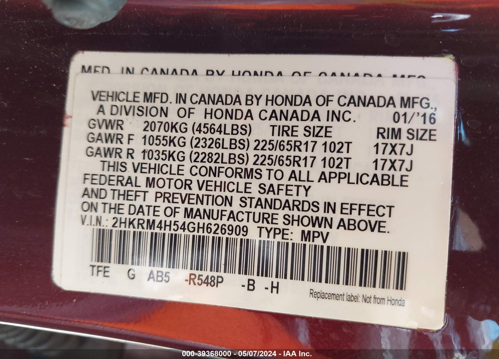 2016 HONDA CR-V EX VIN: 2HKRM4H54GH626909