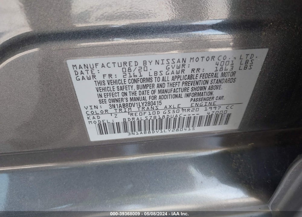 2020 NISSAN SENTRA SR XTRONIC CVT VIN: 3N1AB8DV1LY280415