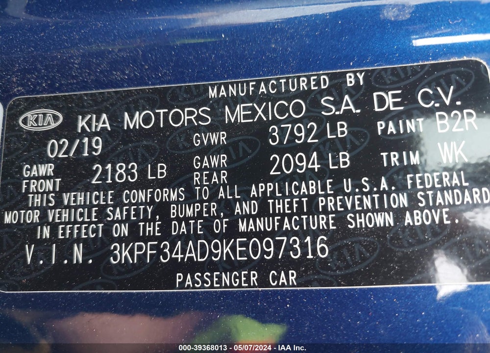 2019 KIA FORTE S VIN: 3KPF34AD9KE097316