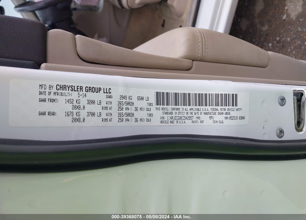 2014 JEEP GRAND CHEROKEE VIN: 1C4RJECG0EC542957