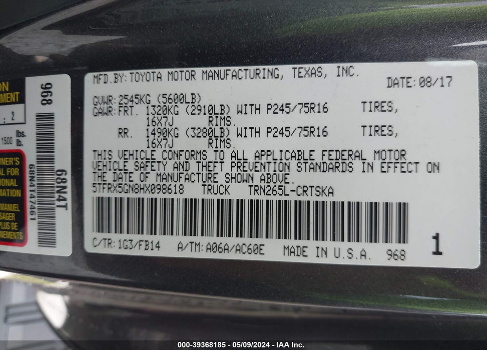 2017 TOYOTA TACOMA SR VIN: 5TFRX5GN8HX098618