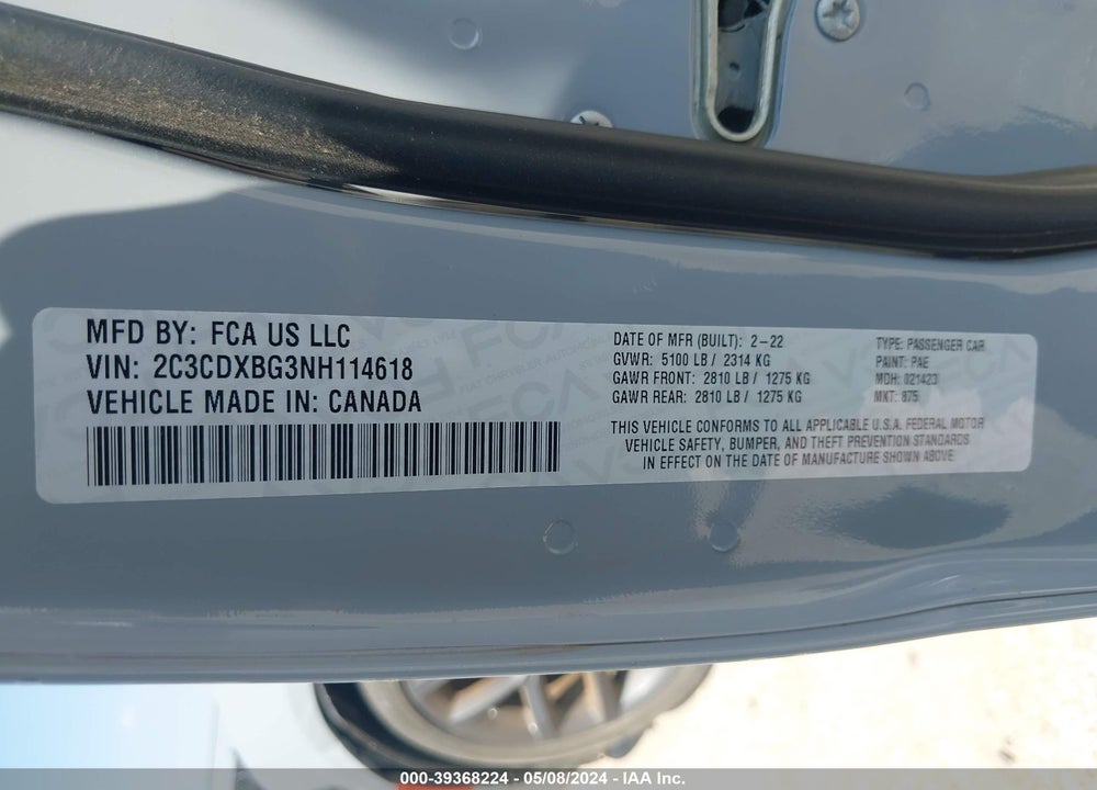 2022 DODGE CHARGER SXT RWD VIN: 2C3CDXBG3NH114618