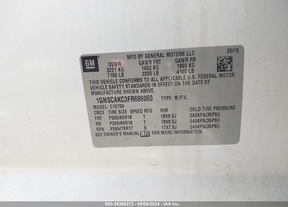 2015 CHEVROLET TAHOE LS VIN: 1GNSCAKC3FR686060