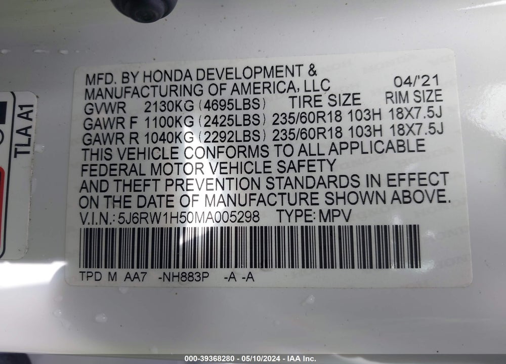 2021 HONDA CR-V 2WD EX VIN: 5J6RW1H50MA005298