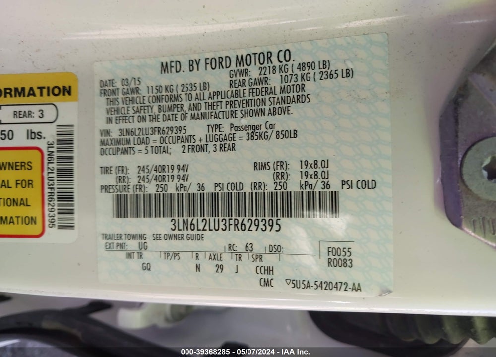 2015 LINCOLN MKZ HYBRID VIN: 3LN6L2LU3FR629395