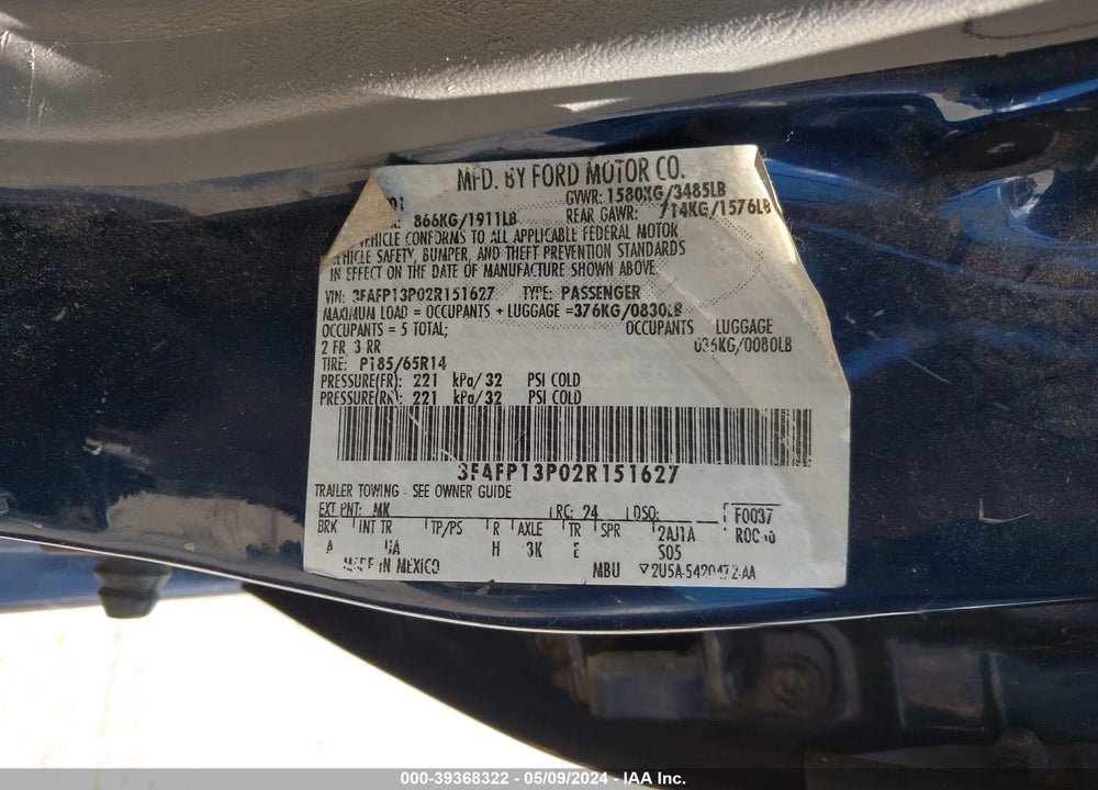 2002 FORD ESCORT FLEET VIN: 3FAFP13P02R151627
