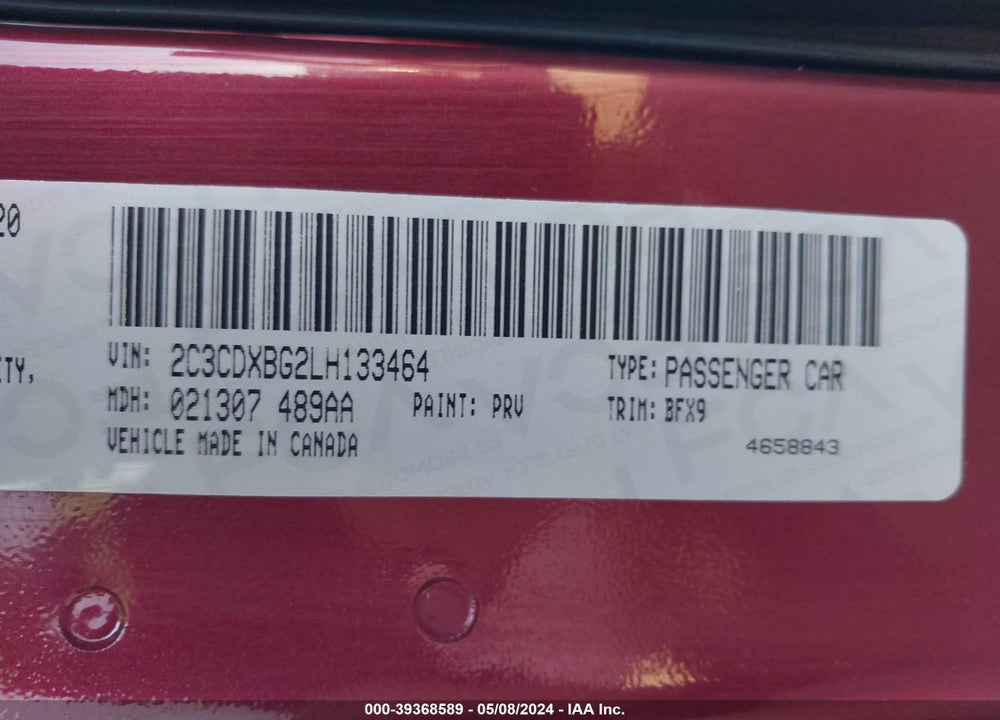 2020 DODGE CHARGER VIN: 2C3CDXBG2LH133464