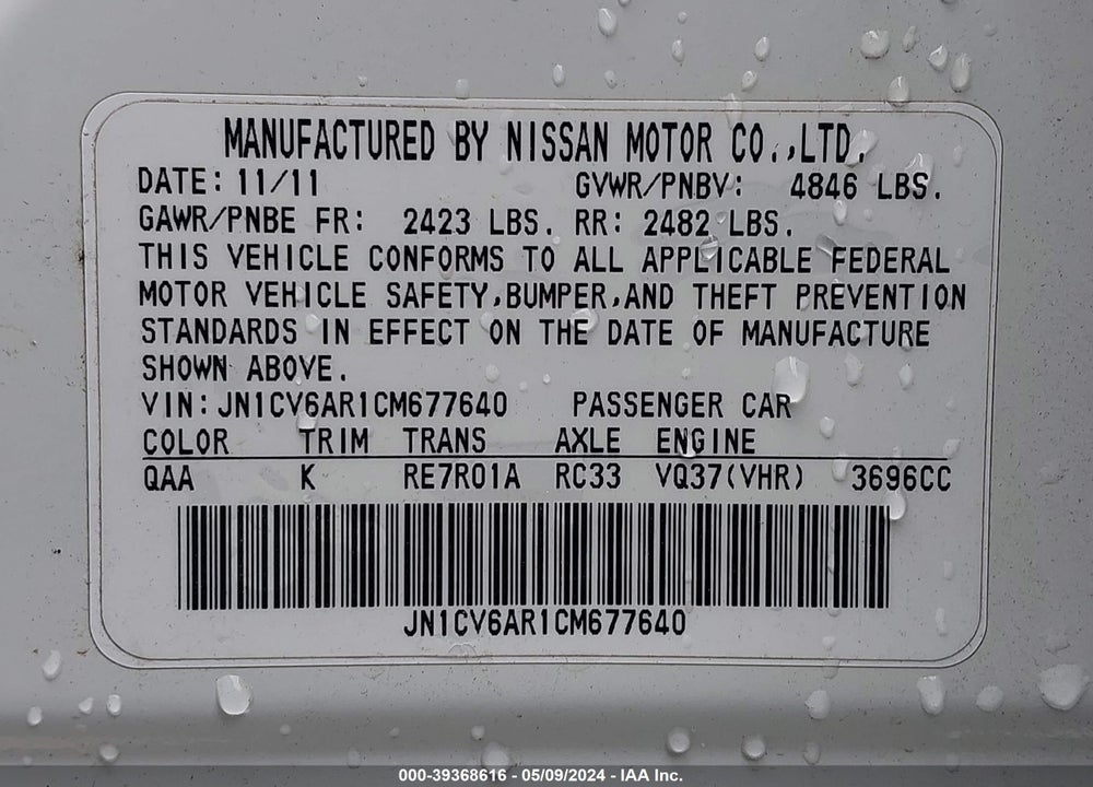 2012 INFINITI G37X VIN: JN1CV6AR1CM677640