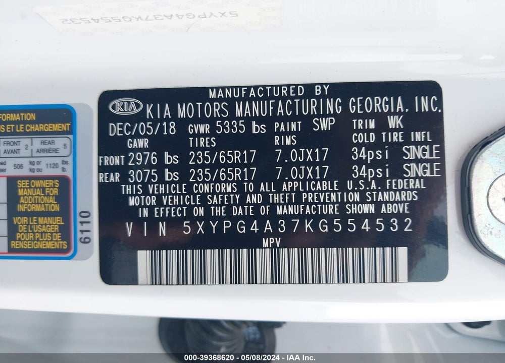 2019 KIA SORENTO VIN: 5XYPG4A37KG554532