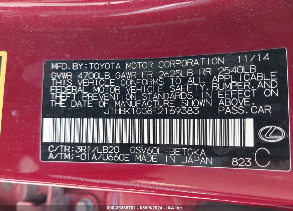 2015 LEXUS ES 350 VIN: JTHBK1GG8F2169383