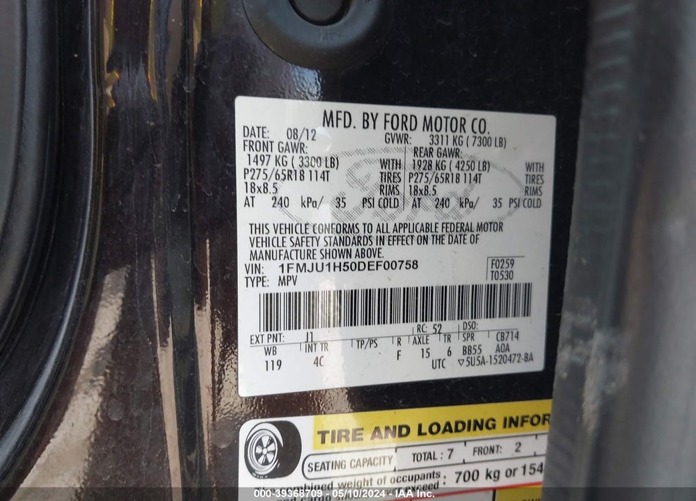 2013 FORD EXPEDITION XLT VIN: 1FMJU1H50DEF00758