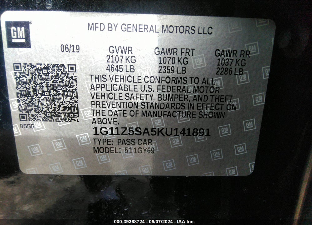 2019 CHEVROLET IMPALA LT VIN: 1G11Z5SA5KU141891