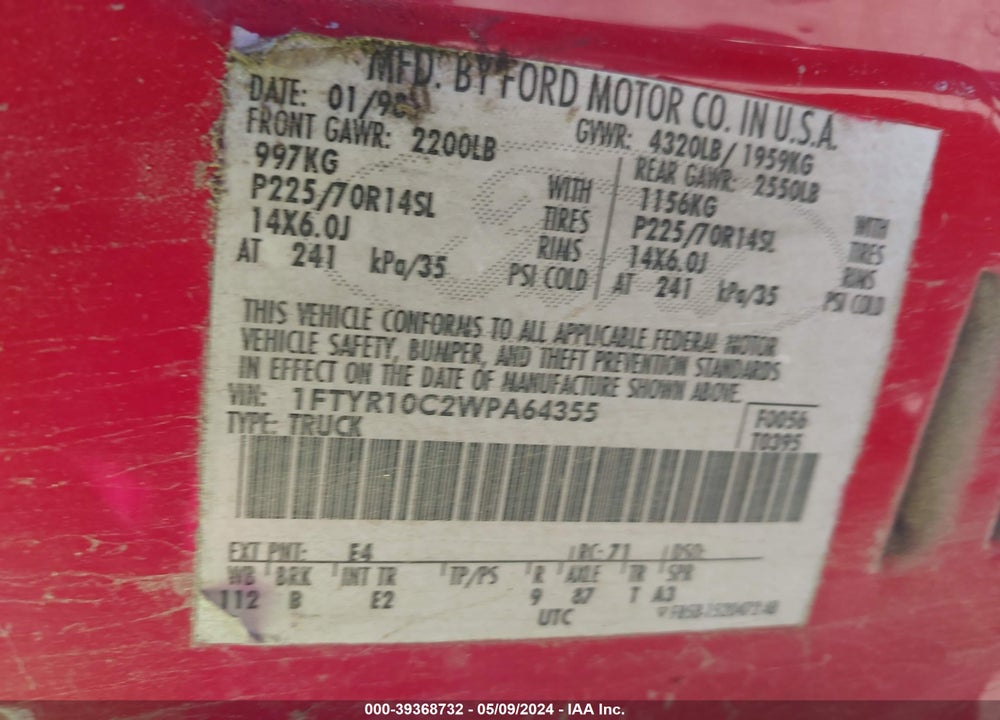 1998 FORD RANGER SPLASH/XL/XLT VIN: 1FTYR10C2WPA64355