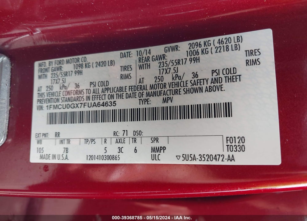 2015 FORD ESCAPE SE VIN: 1FMCU0GX7FUA64635