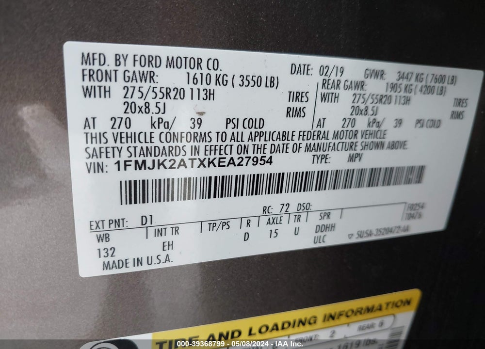 2019 FORD EXPEDITION MAX LIMITED VIN: 1FMJK2ATXKEA27954