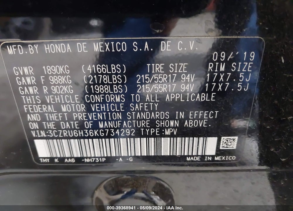 2019 HONDA HR-V LX VIN: 3CZRU6H36KG734292