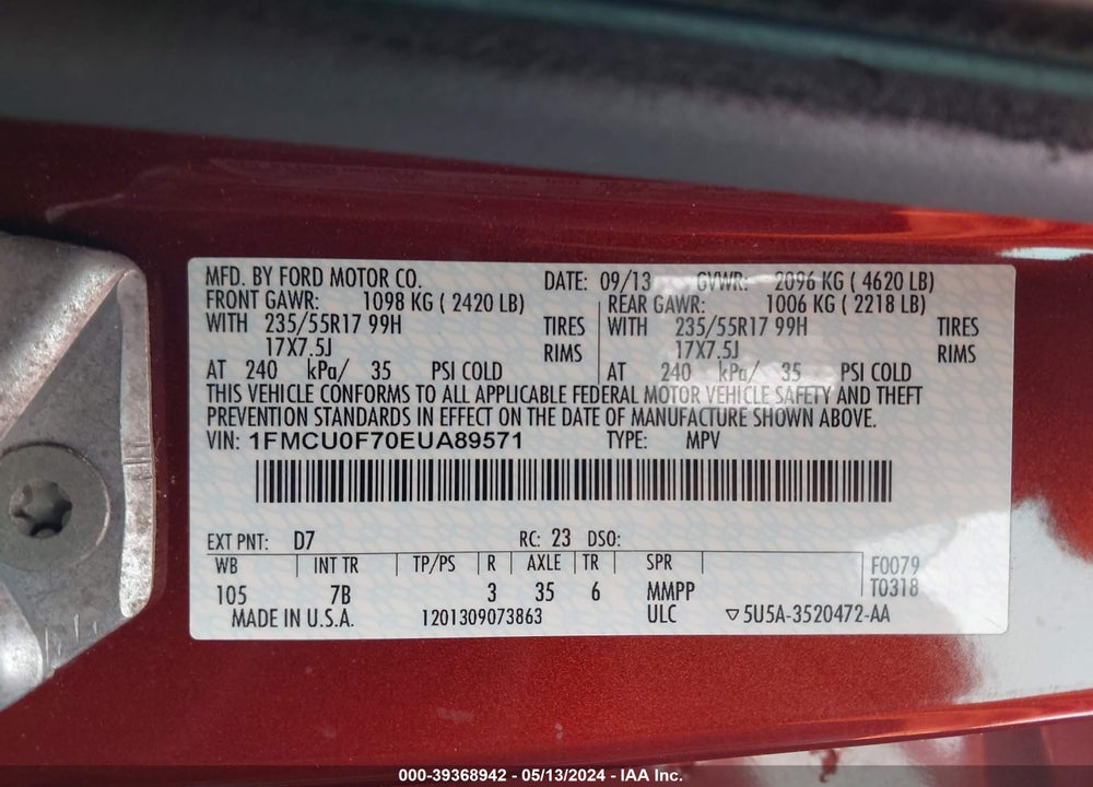 2014 FORD ESCAPE VIN: 1FMCU0F70EUA89571