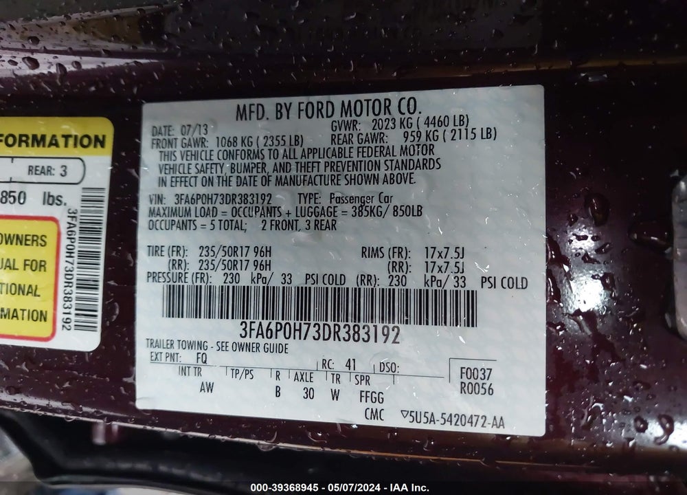 2013 FORD FUSION SE VIN: 3FA6P0H73DR383192