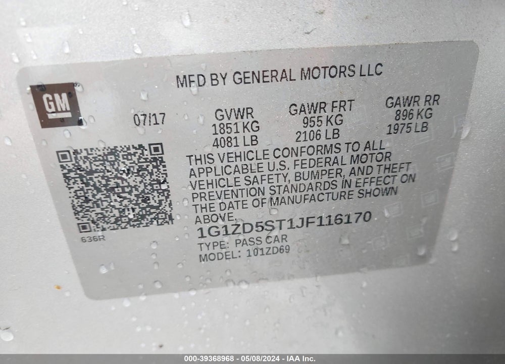 2018 CHEVROLET MALIBU LT VIN: 1G1ZD5ST1JF116170