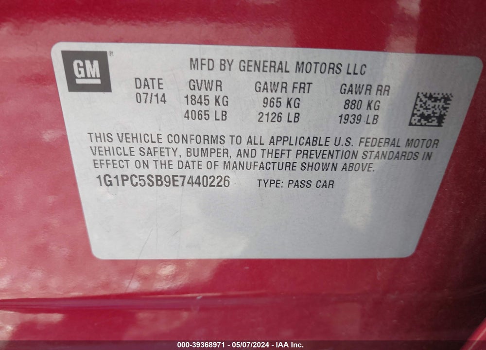 2014 CHEVROLET CRUZE 1LT AUTO VIN: 1G1PC5SB9E7440226