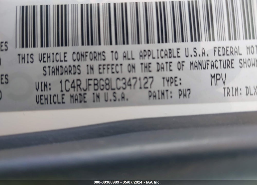 2020 JEEP GRAND CHEROKEE VIN: 1C4RJFBG8LC347127