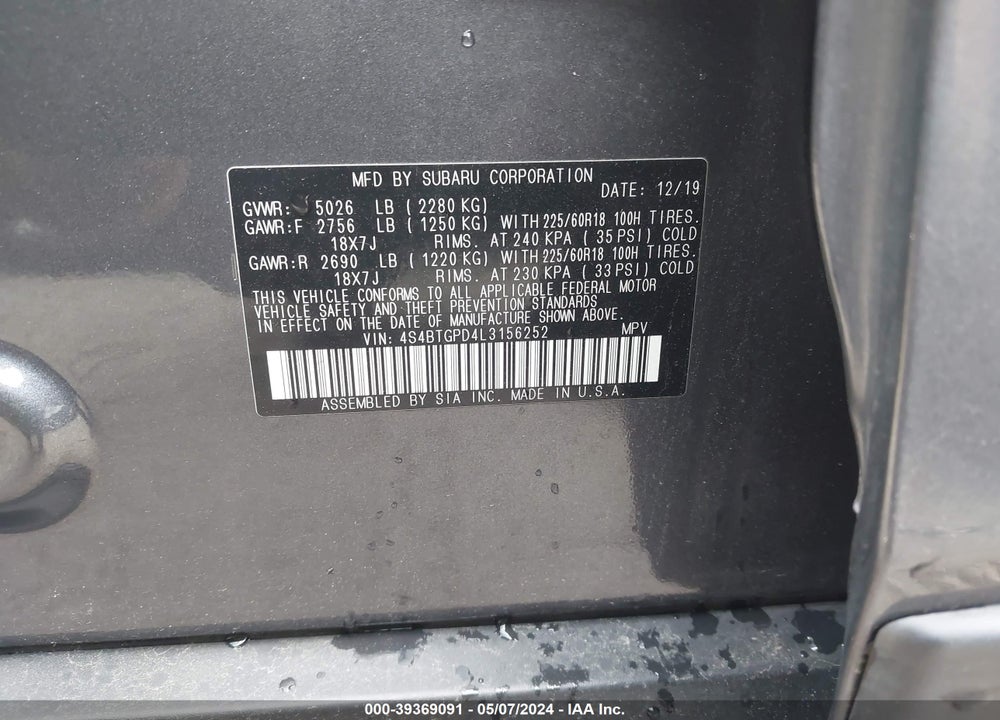 2020 SUBARU OUTBACK TOURING XT VIN: 4S4BTGPD4L3156252