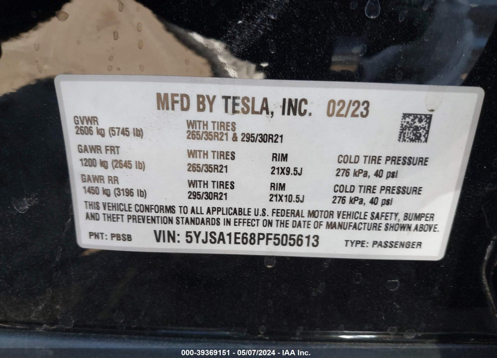 2023 TESLA MODEL S PLAID TRI MOTOR ALL-WHEEL DRIVE VIN: 5YJSA1E68PF505613