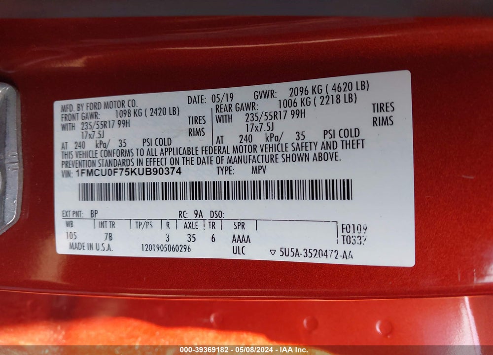 2019 FORD ESCAPE S VIN: 1FMCU0F75KUB90374
